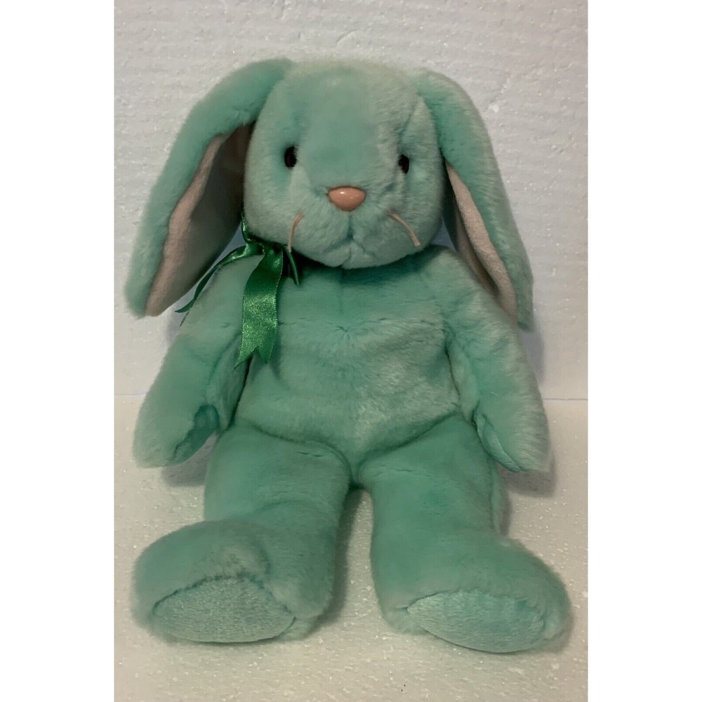 TY Beanie Buddy HIPPITY Green Easter Bunny Rabbit Pink Nose 14" Satin Bow